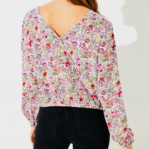 LOFT Floral Back Crop Top Long Sleeve Crew Neck Blouse Deep Back V, gently used - Picture 2 of 6